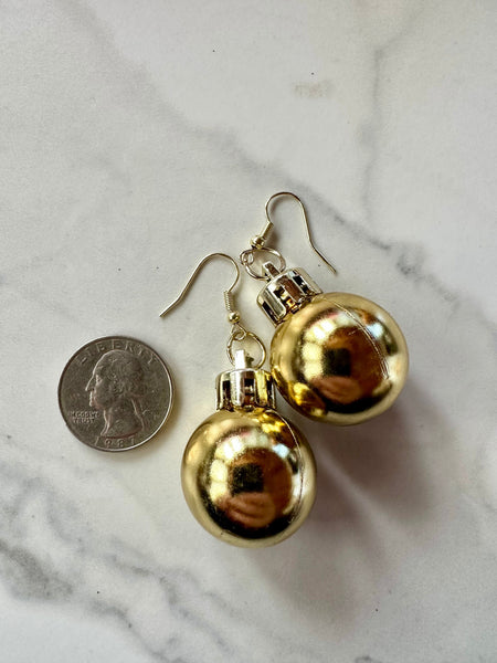 gold christmas ball, christmas earrings, christmas tree ball, gold dangle earrings, statement earrings, holiday jewelry, gift, gift for her