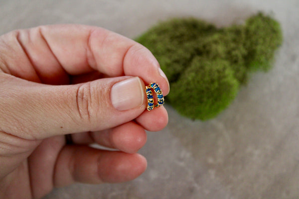 navy blue opal huggies, gold huggie earrings