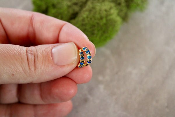 navy blue opal huggies, gold huggie earrings