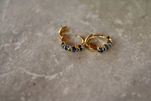 navy blue opal huggies, gold huggie earrings