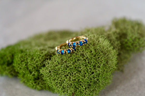 navy blue opal huggies, gold huggie earrings