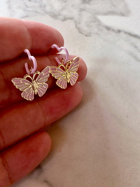 barbie pink butterfly heart dangle earrings