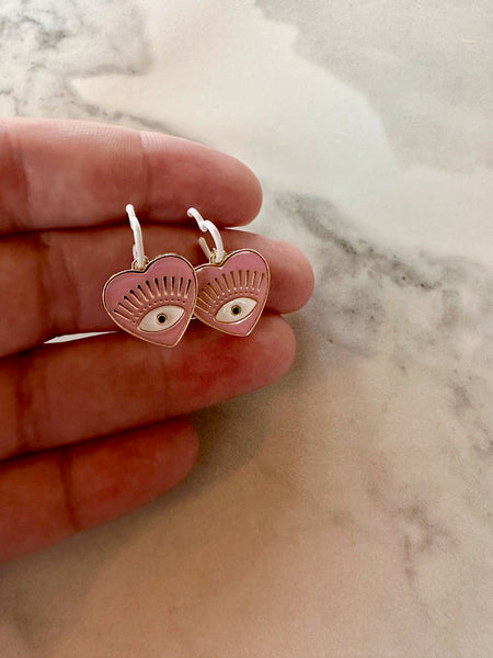 barbie pink evil eye heart dangle earrings