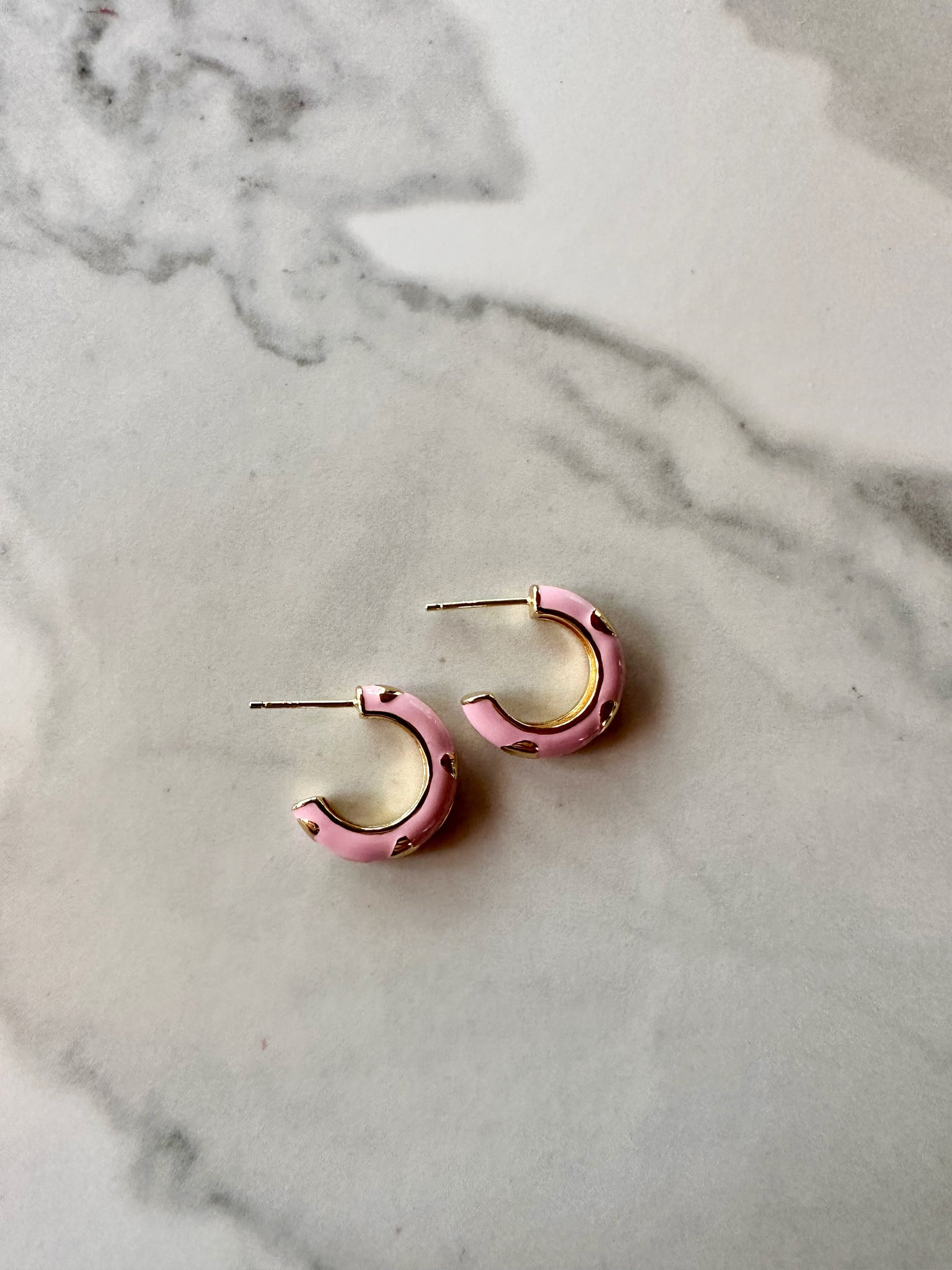 pink enamel and gold hoop earrings