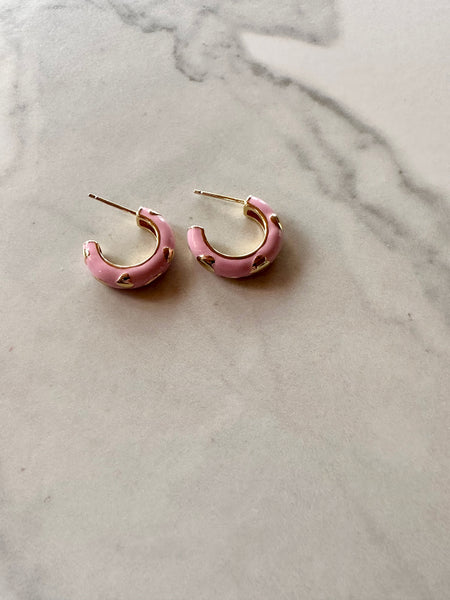 pink enamel and gold hoop earrings