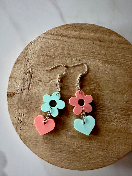 pink and green daisy heart dangle earrings