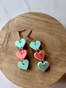 pink and green heart dangle earrings
