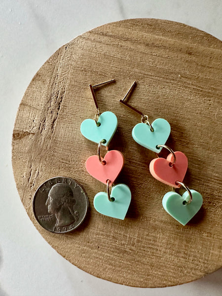 pink and green heart dangle earrings