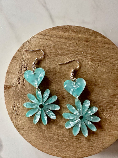 Copy of aqua blue marble acrylic heart daisy earrings