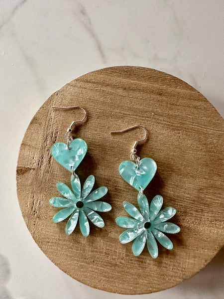 Copy of aqua blue marble acrylic heart daisy earrings