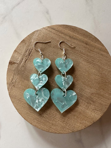 aqua blue marble acrylic heart earrings
