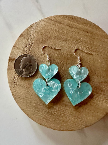 aqua blue marble acrylic heart earrings