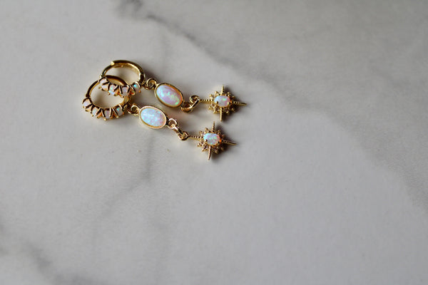gold opal starburst huggie earrings