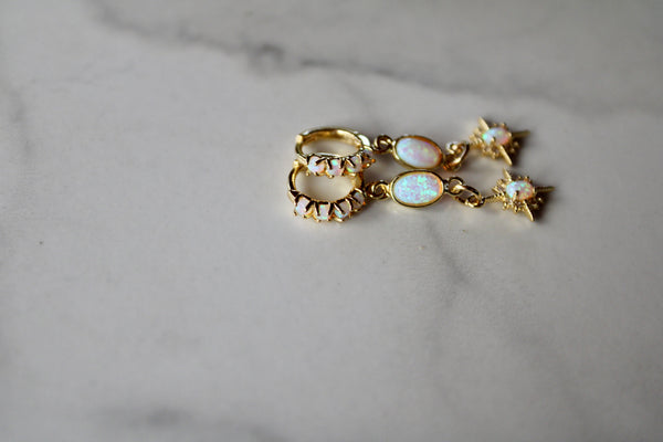 gold opal starburst huggie earrings