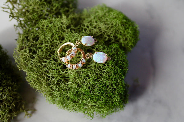 gold opal huggie earrings