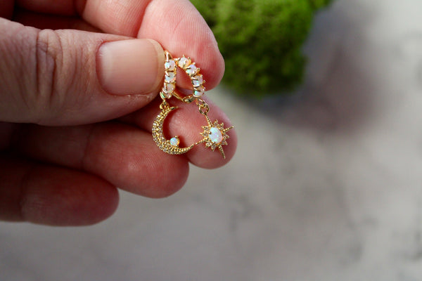 golden celestial opal huggie earrings