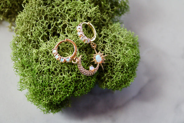 golden celestial opal huggie earrings