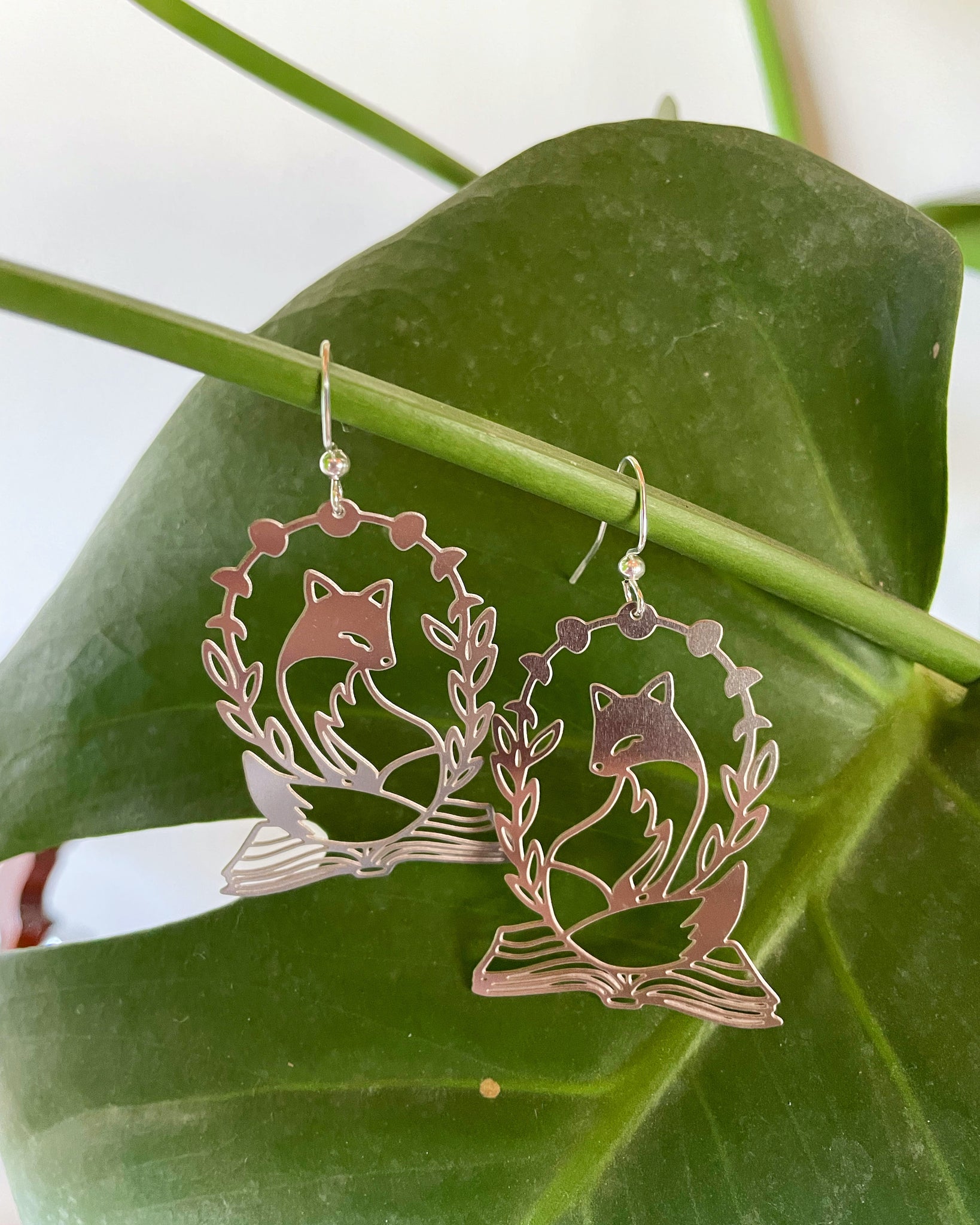 Fox book silver earrings