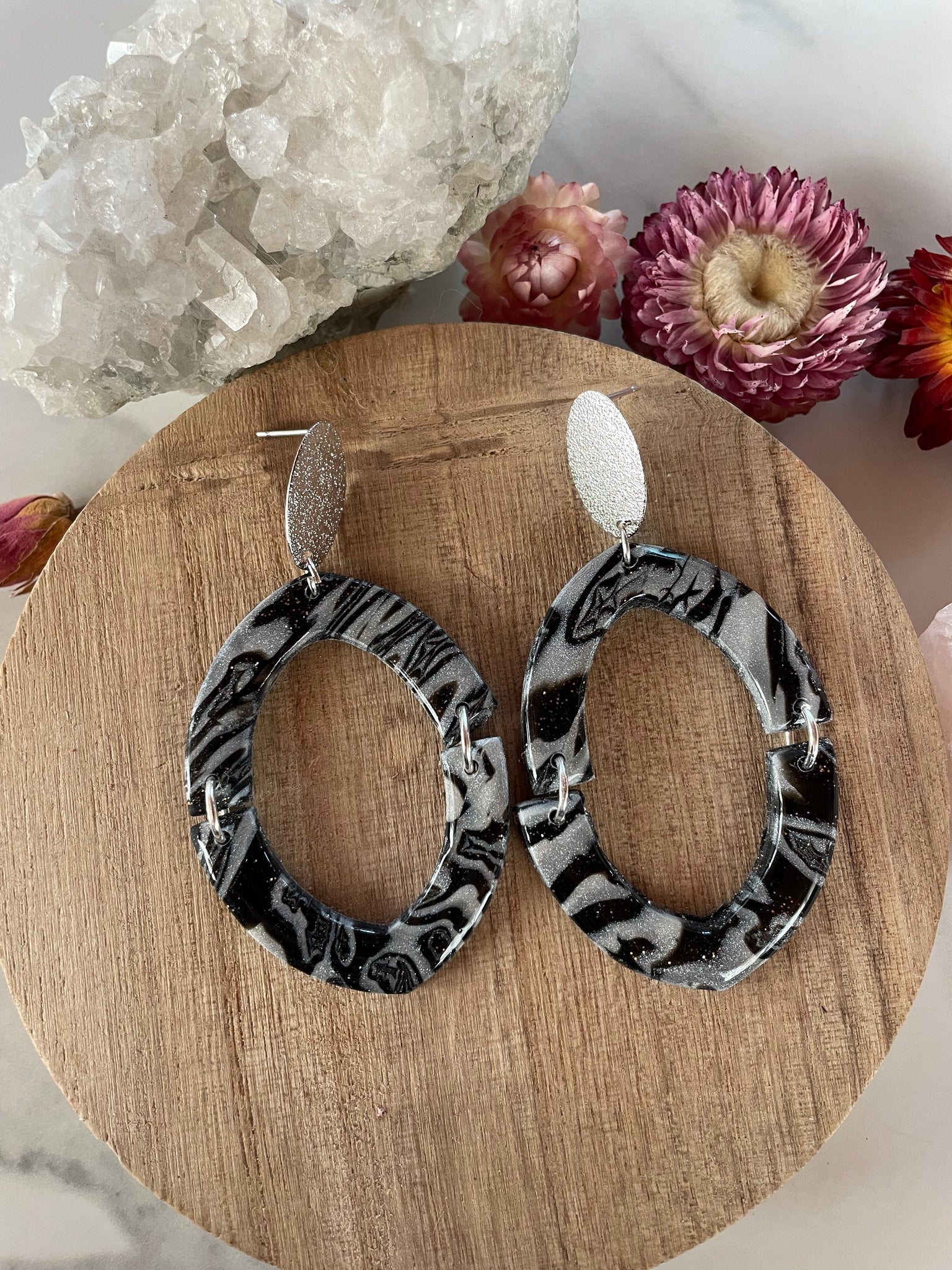 mokume gane clay silver dangle earrings