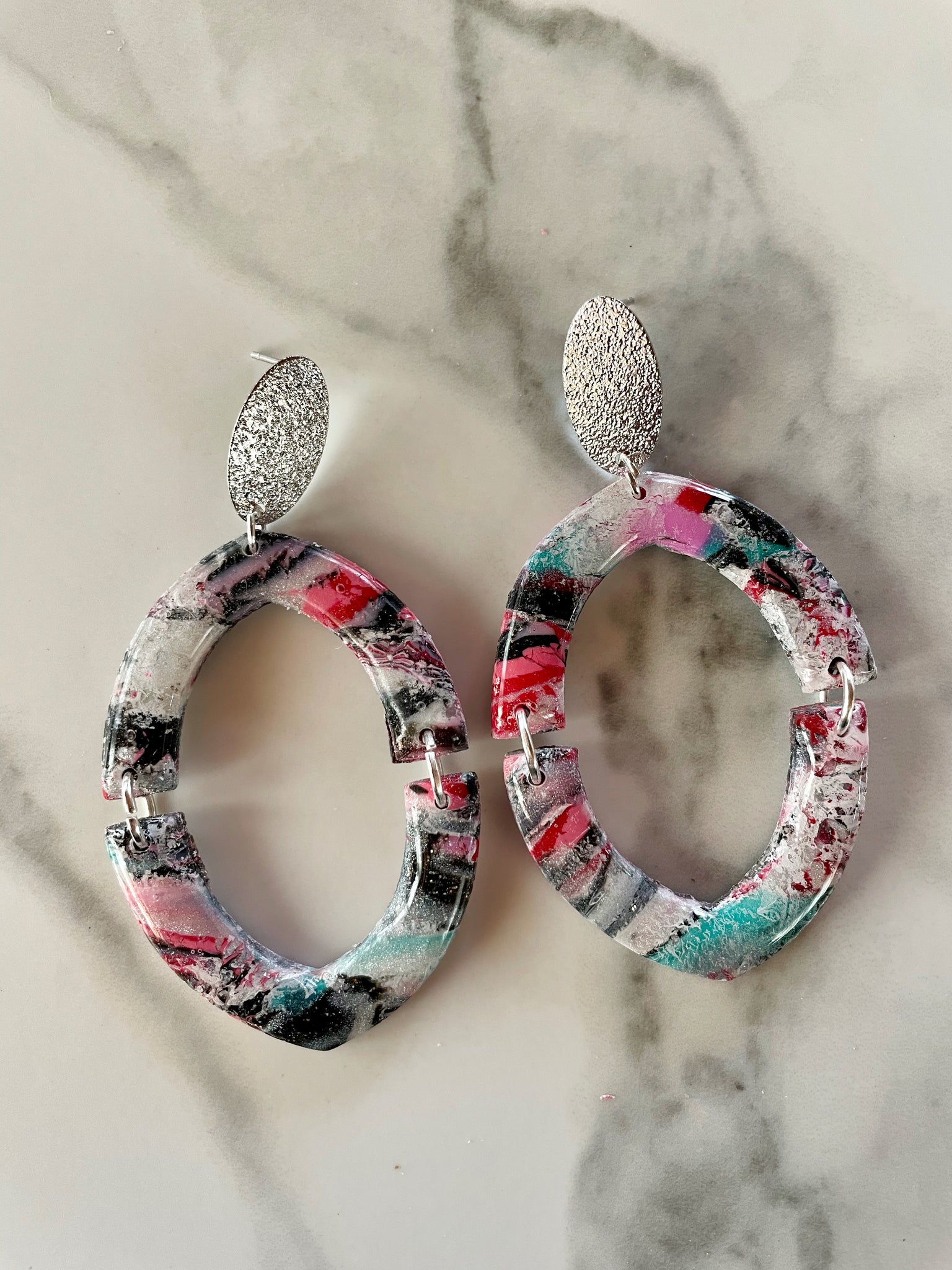 rainbow mokume gane clay silver dangle earrings