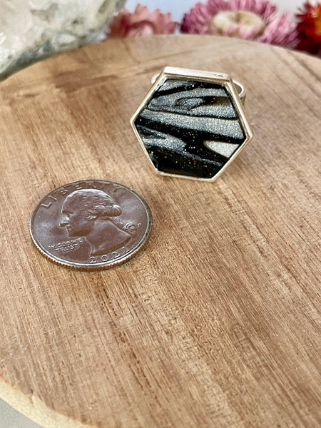 silver mokume gane hexagon adjustable ring