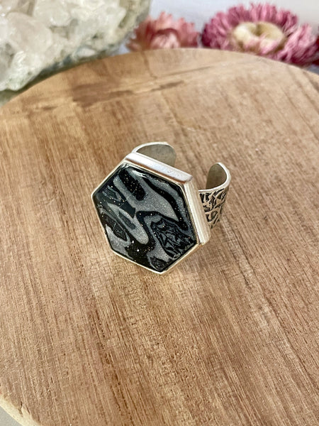 silver mokume gane hexagon adjustable ring