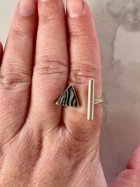 delicate silver mokume gane triangle adjustable ring