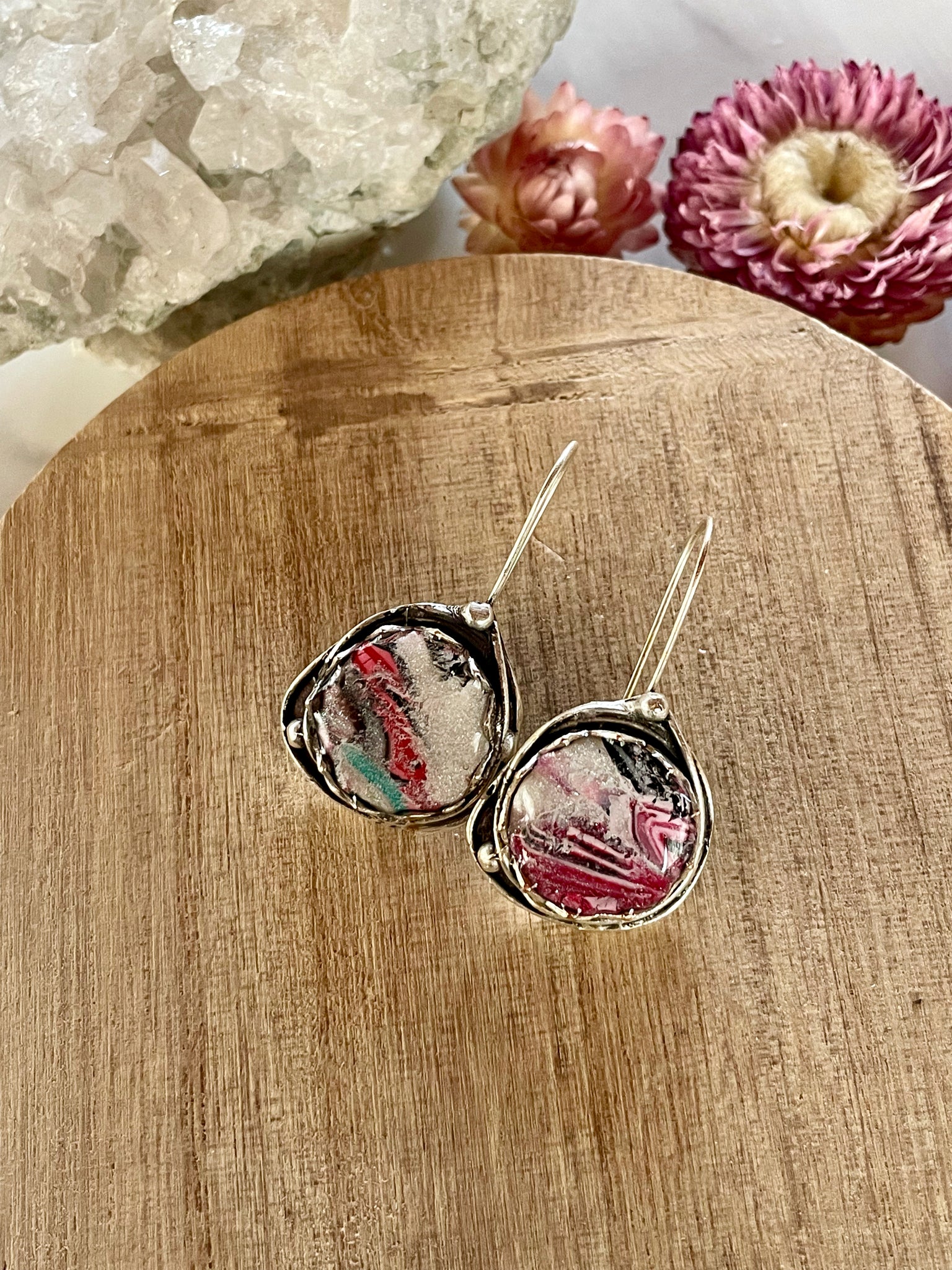 mokume gane clay silver dangle earrings