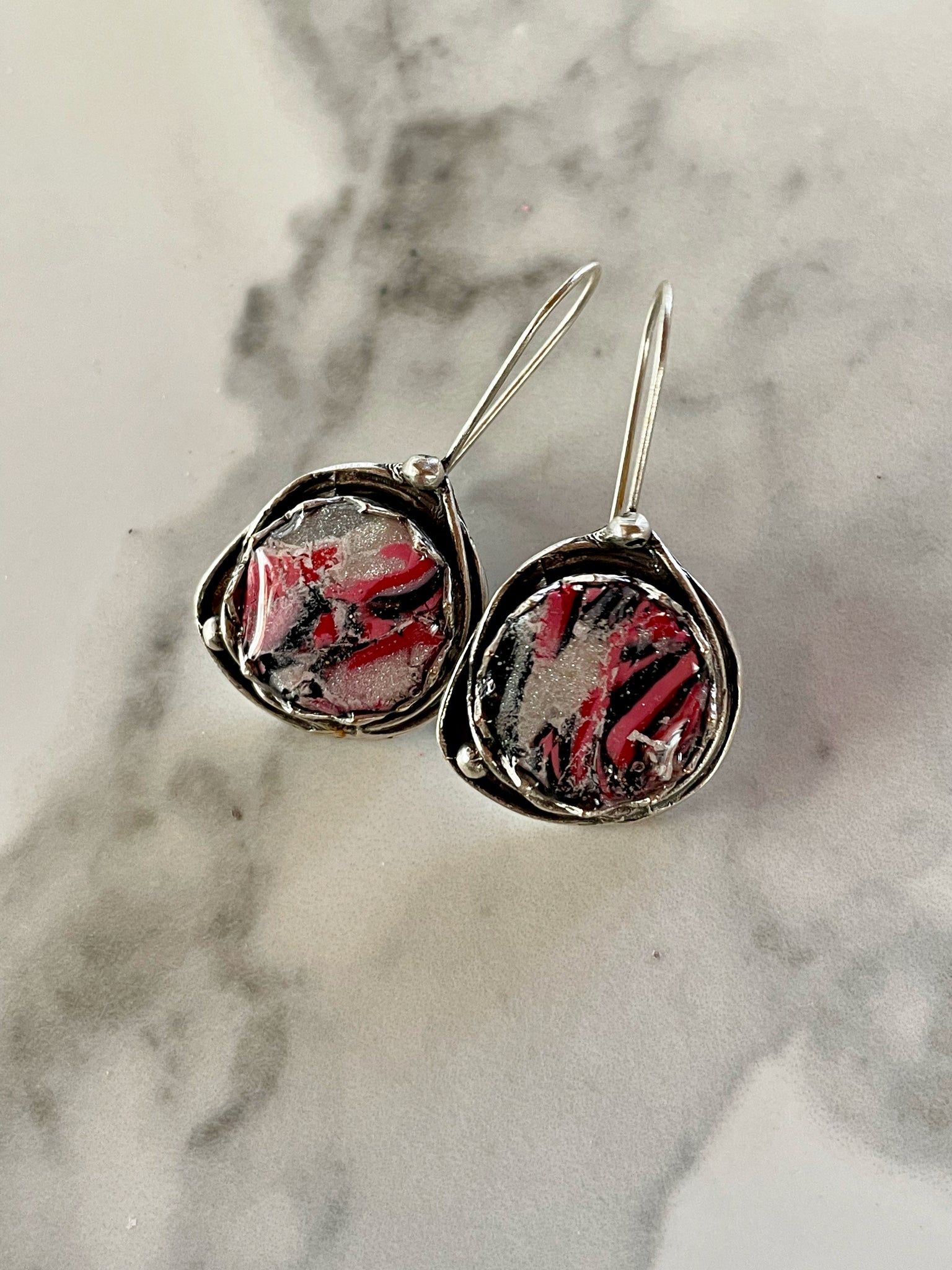 mokume gane clay silver dangle earrings