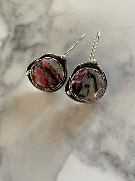mokume gane clay silver dangle earrings