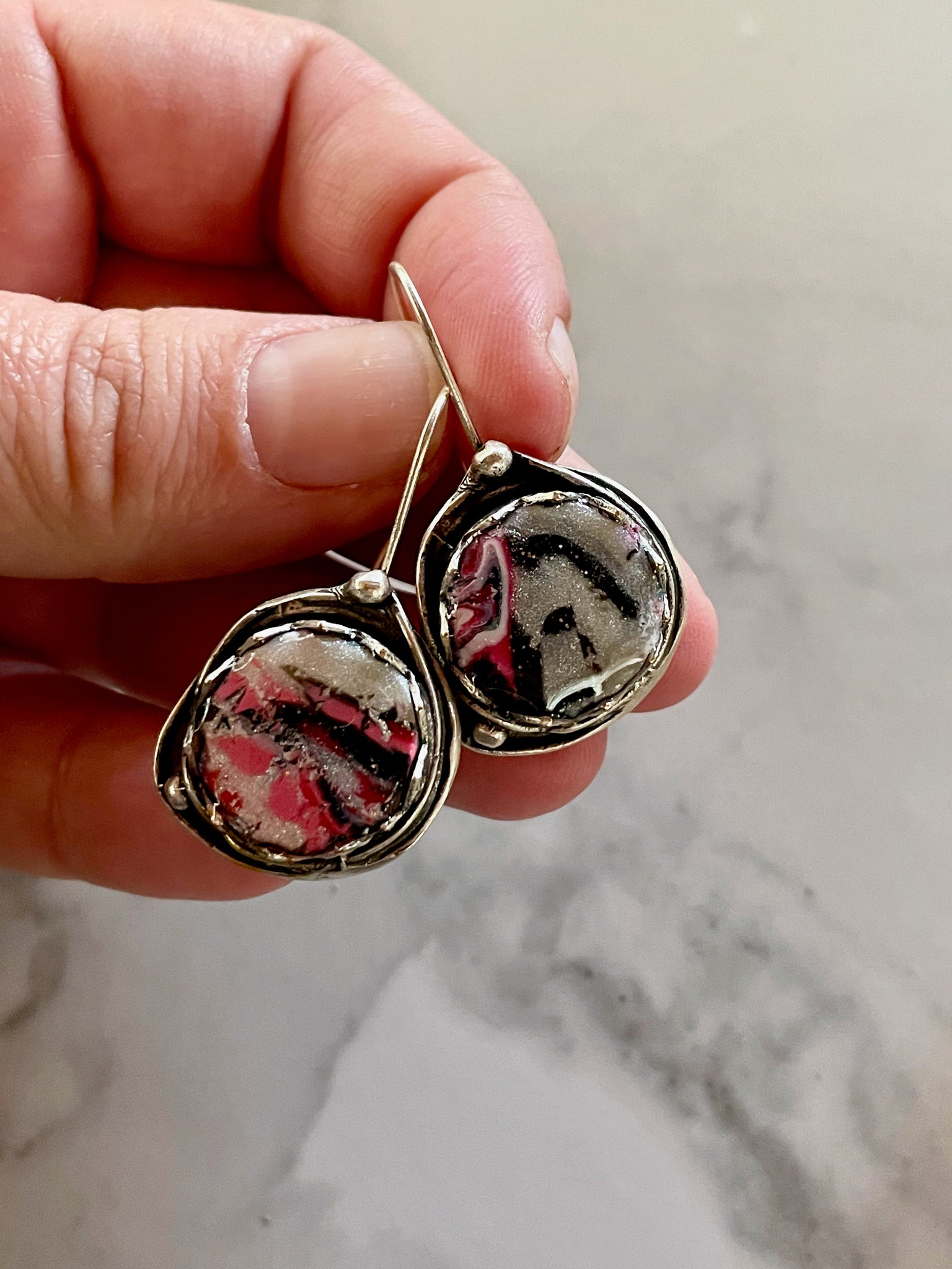 mokume gane clay silver dangle earrings