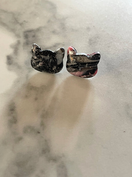 black quartz polymer clay cat stud earrings