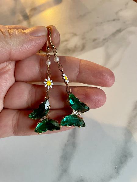 emerald butterfly and daisy dangles