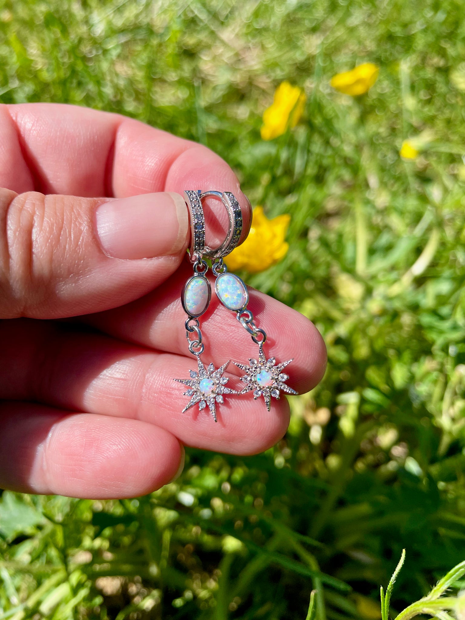 silver opal starburst huggie earrings