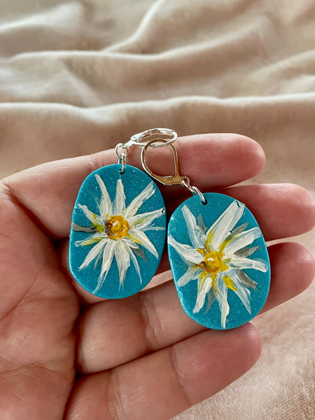 hand painted daisy polymer clay earrings