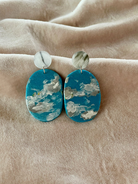 hand painted cloud polymer clay earrings