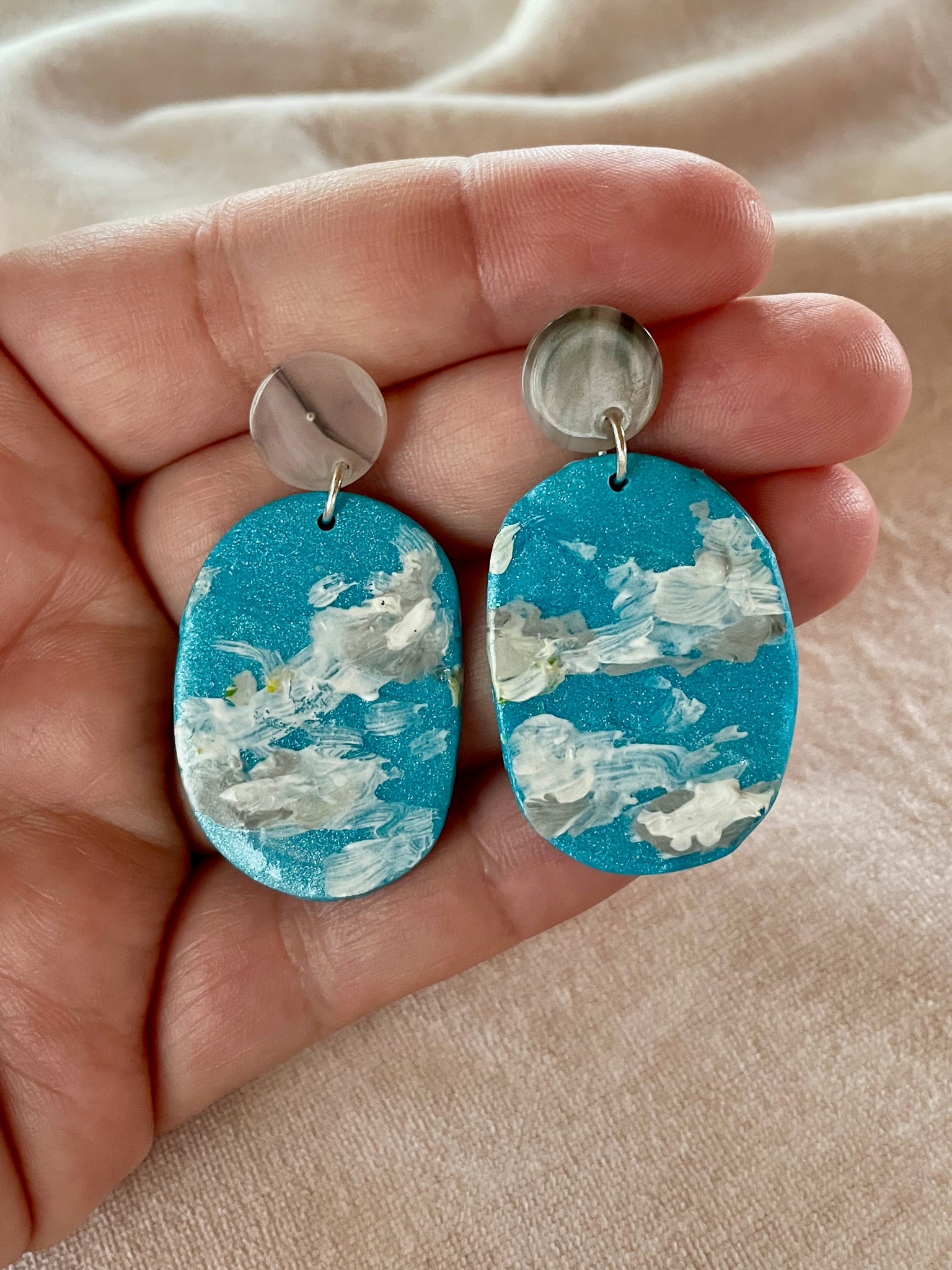 hand painted cloud polymer clay earrings