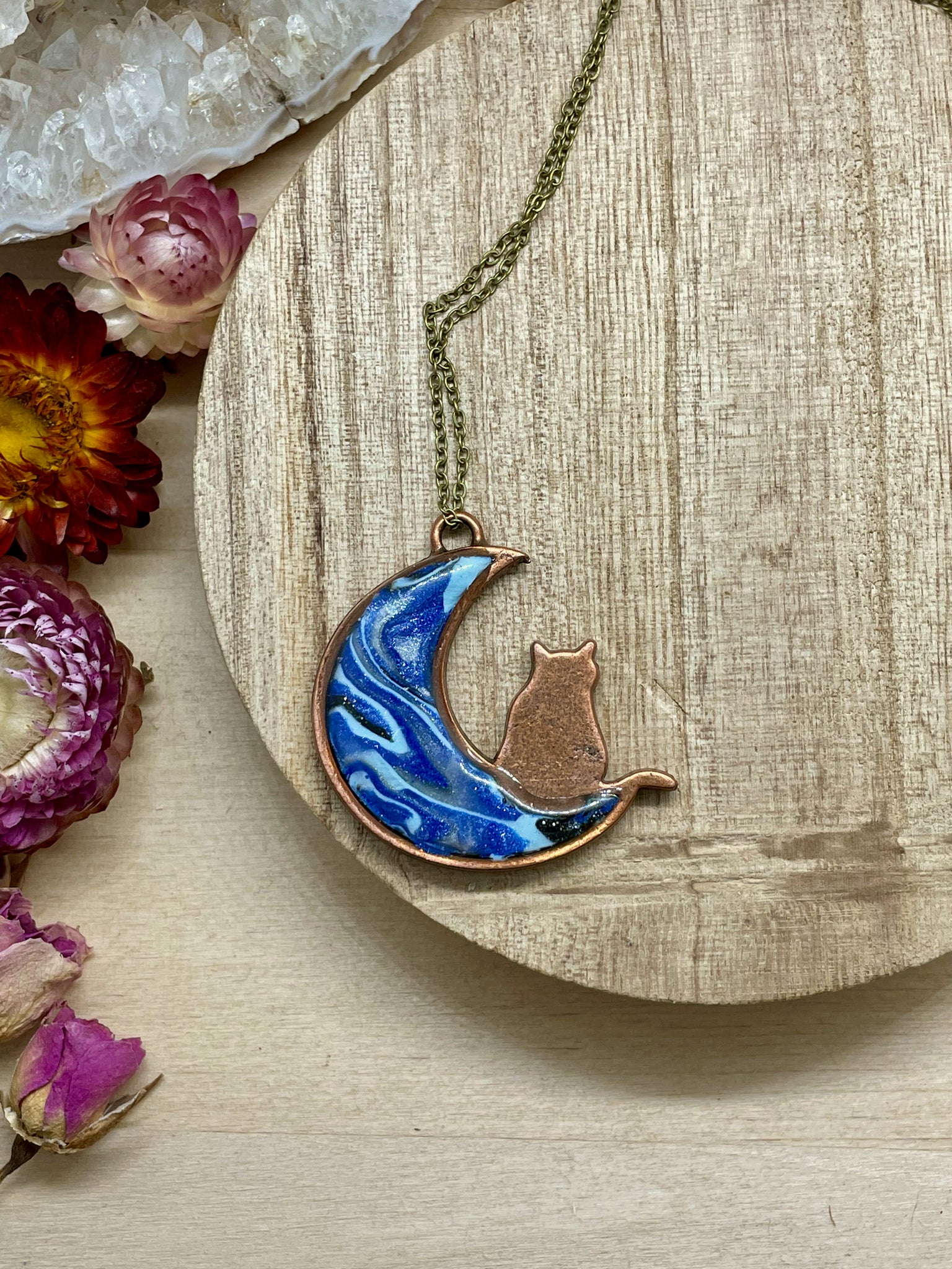 bronze cat polymer clay necklace