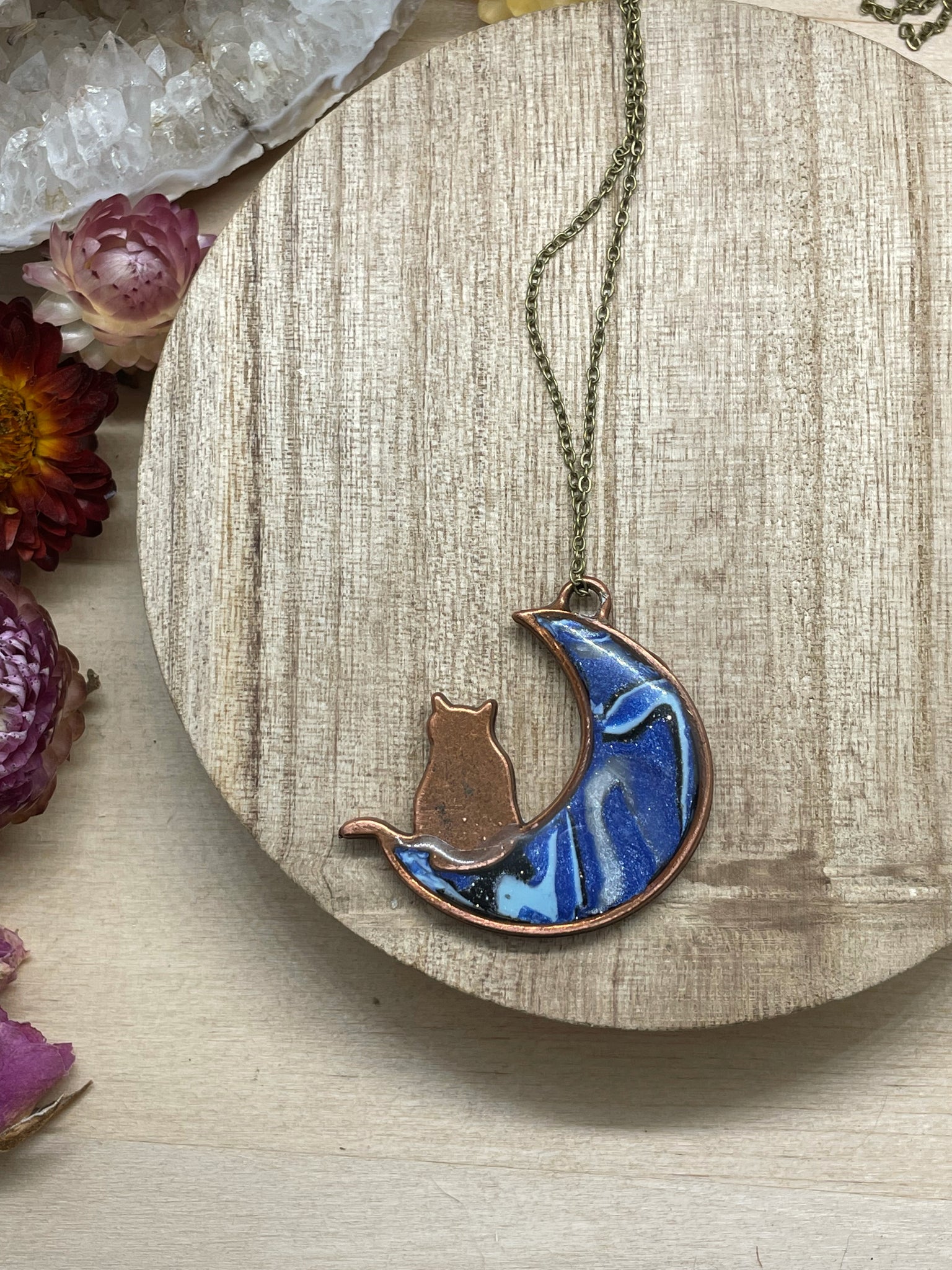 bronze cat polymer clay necklace