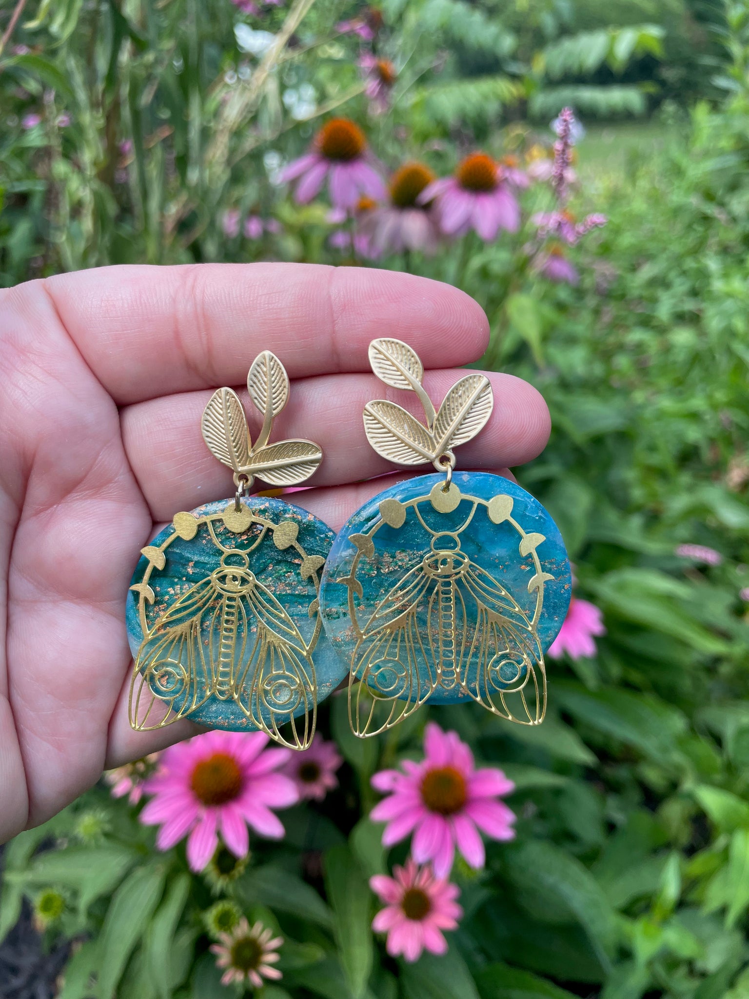 luna moth turquoise polymer clay earrings