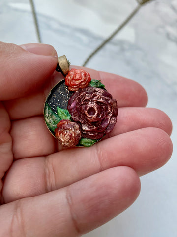 autumnal flower polymer clay bronze necklace