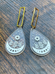 long sun and flower acrylic earrings