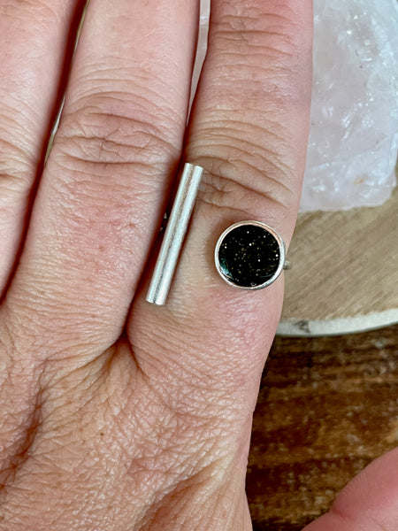 black glitter polymer clay silver ring