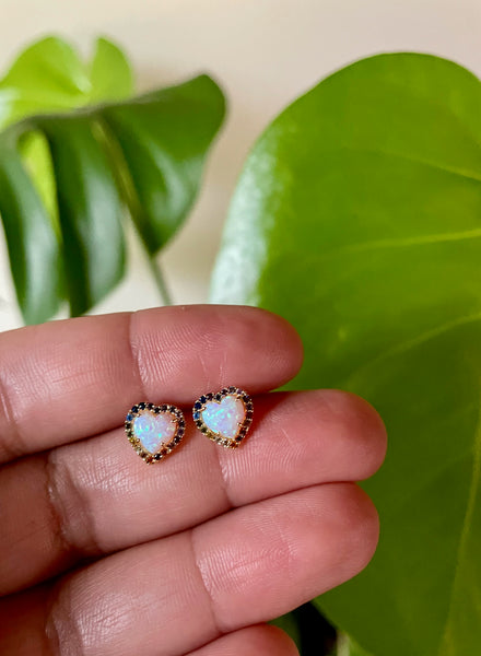 opal rainbow heart stud earrings