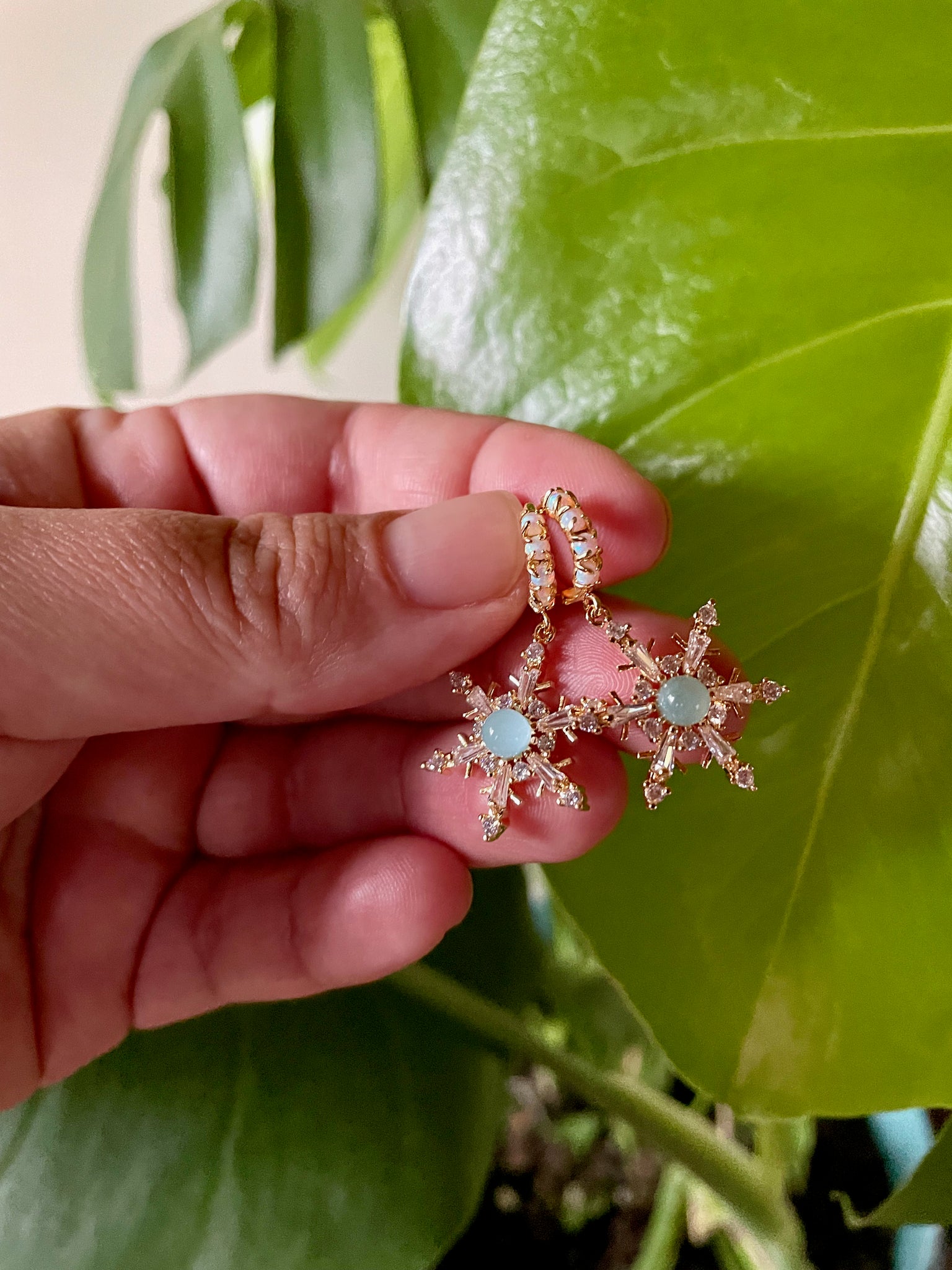 fluorite snowflake opal huggie earrings