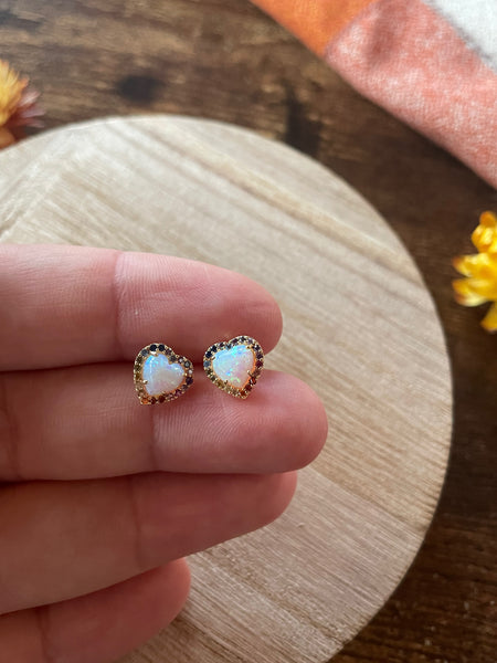 opal rainbow heart stud earrings