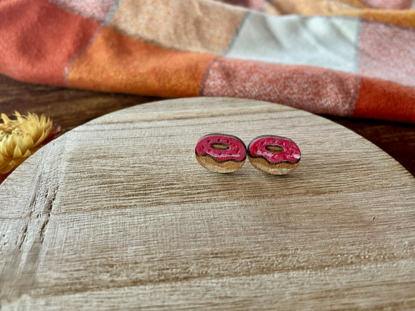 pink donut stud earring, hand painted