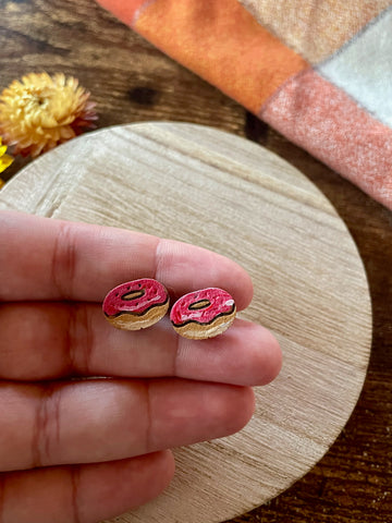 pink donut stud earring, hand painted