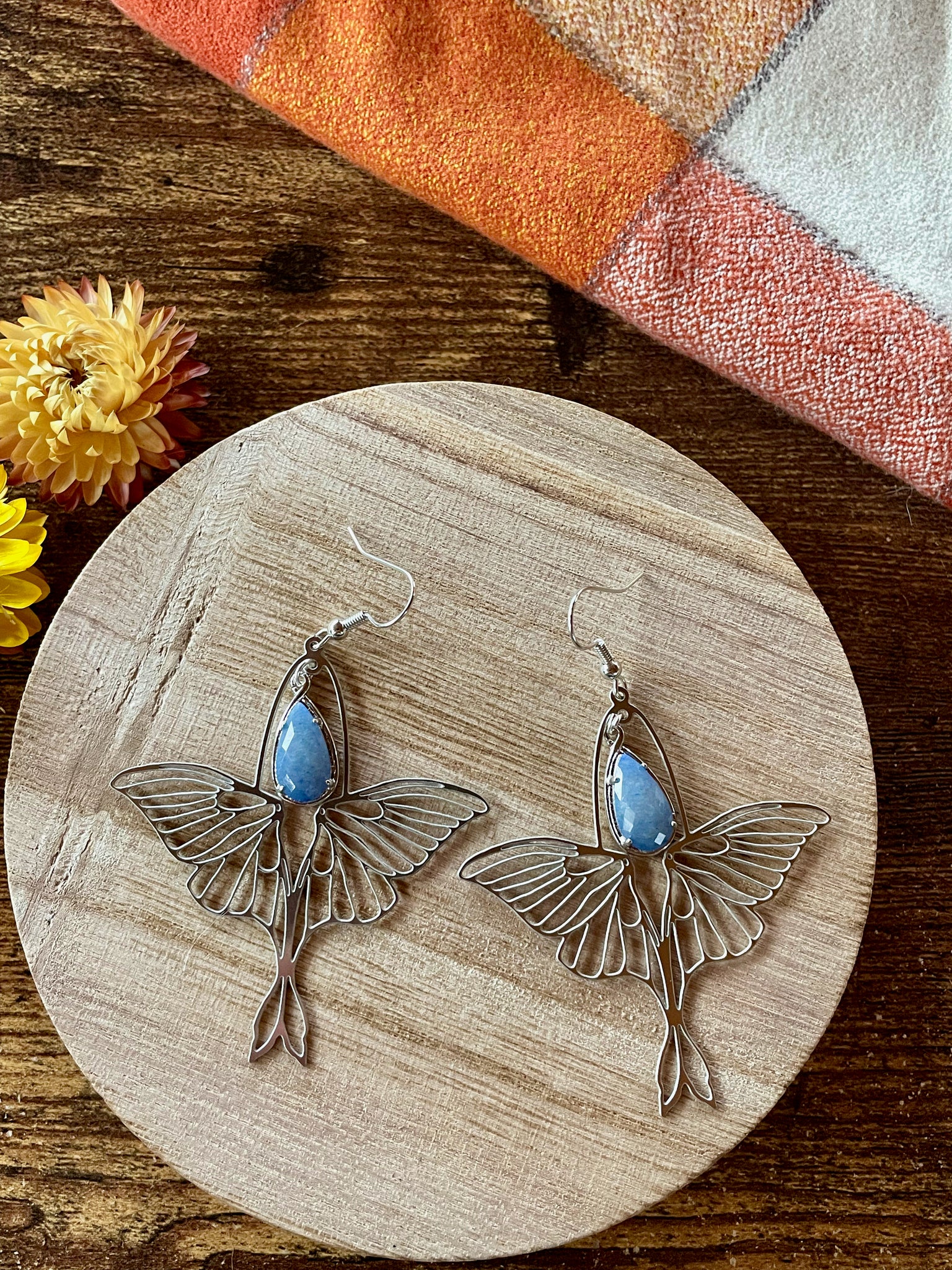 blue aventurine luna moth silver earrings
