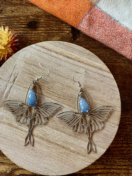 blue aventurine luna moth silver earrings